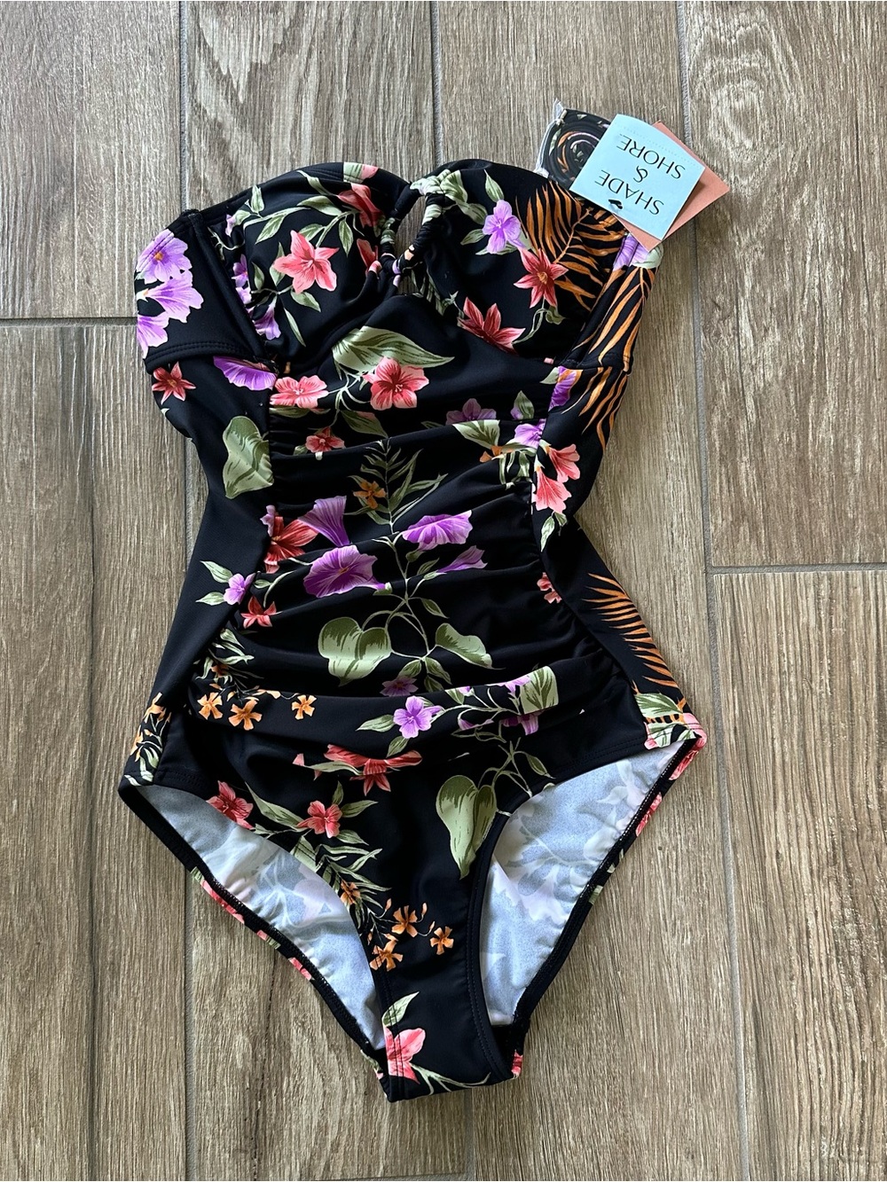 Shade & Shore Black Floral One-Piece Swimsuit with Pink & Purple Blooms size XS